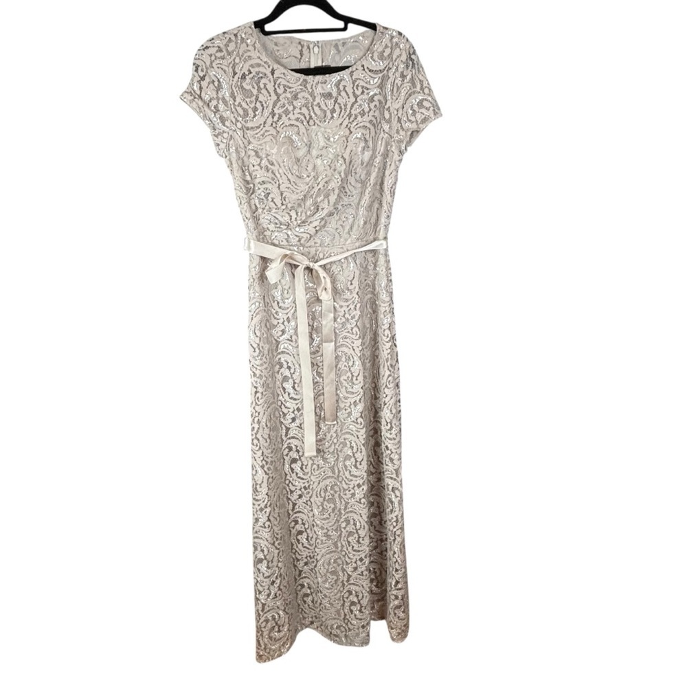 Hailey by Adrianna Papell Cream with Silver Lace and Belted Maxi Gown